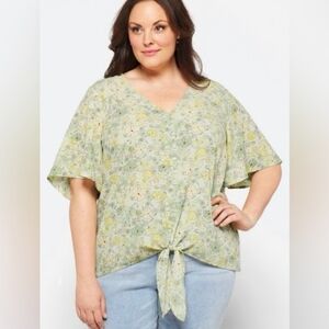 NWOT Lush Women's Floral V-Neck Front Tie Blouse 3X